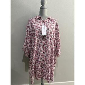 Caribbean 4XB Pink Leaf Print Short Sleeve Button Up